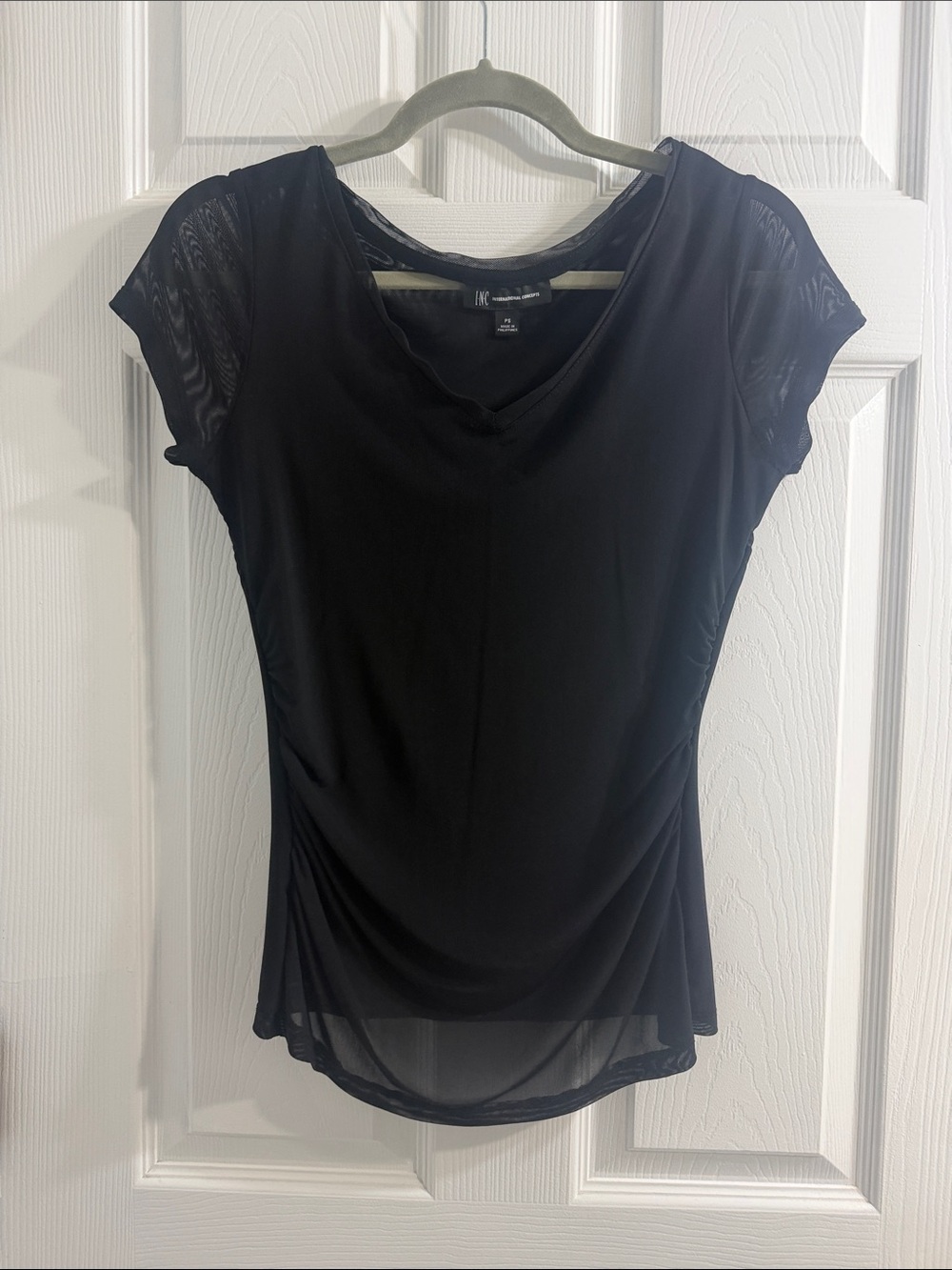INC International Concepts Black Short Sleeve V-Neck Top with Sheer Accents